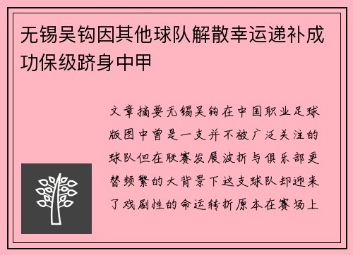 无锡吴钩因其他球队解散幸运递补成功保级跻身中甲